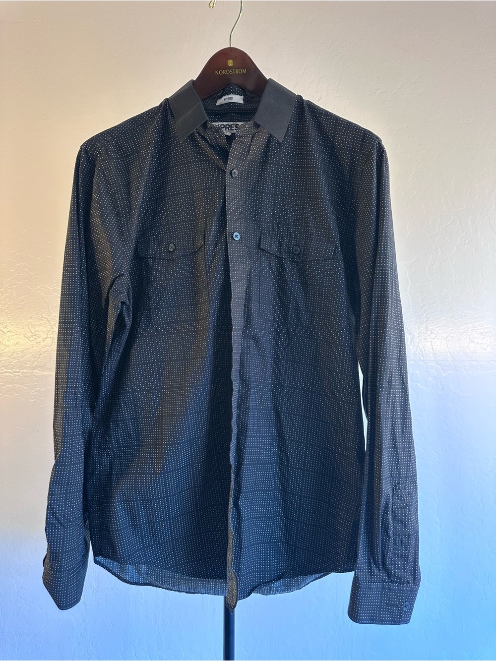 Express Men’s Black Button-Down Shirt with Micro Dot Pattern
